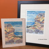 White-line woodcut print framed next to the block by New England artist, Hannah Phelps 