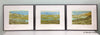 Three framed woodblock prints of a New England beach by artist Hannah Phelps.