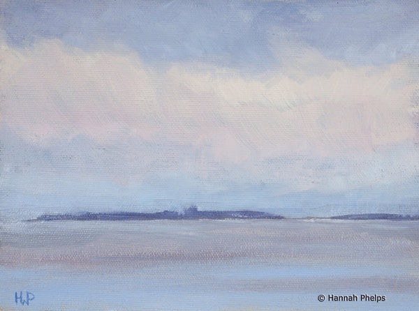 Oil painting of a dramatic sky over Appledore Island from Rye, NH by New England artist Hannah Phelps