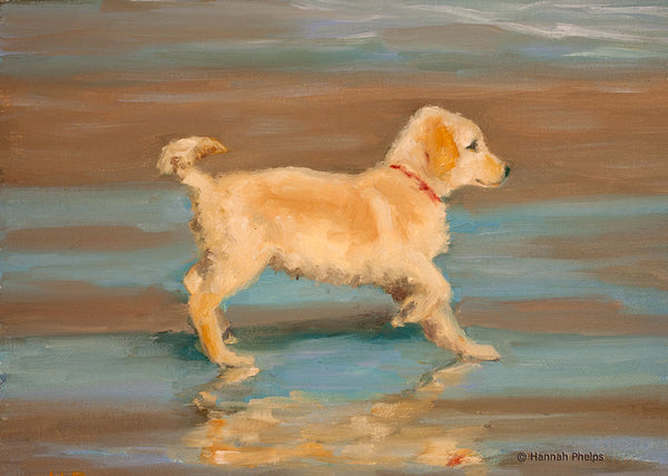 Oil painting of a Golden Retriever puppy playing on the beach by artist Hannah Phelps