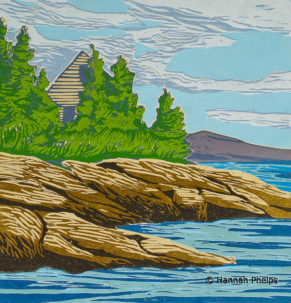 woodblock print of a New England summer cottage