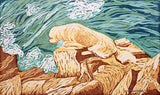 Print of a golden retriever on playing on the New England coast by artist Hannah Phelps