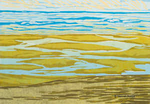 A jigsaw reduction woodblock print of a New England beach by artist Hannah Phelps