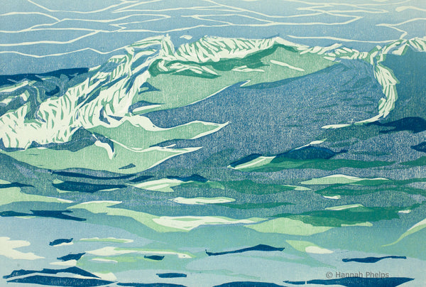 Woodblock print of a wave by New England artist Hannah Phelps