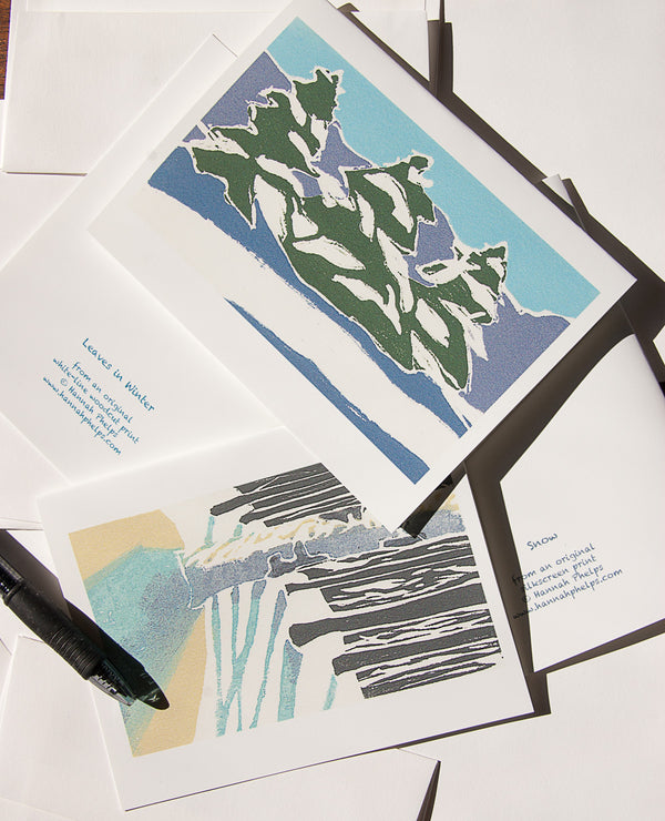 collection of 8 notecards and envelopes featuring winter block prints by New England artist Hannah Phelps
